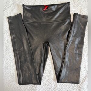 Spanx Black Metallic Faux Leather Leggings Stretch High Rise Size S